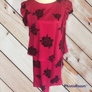 Vintage 80’s TF Satin Floral Bright Pink Knee Length Peplum Dress